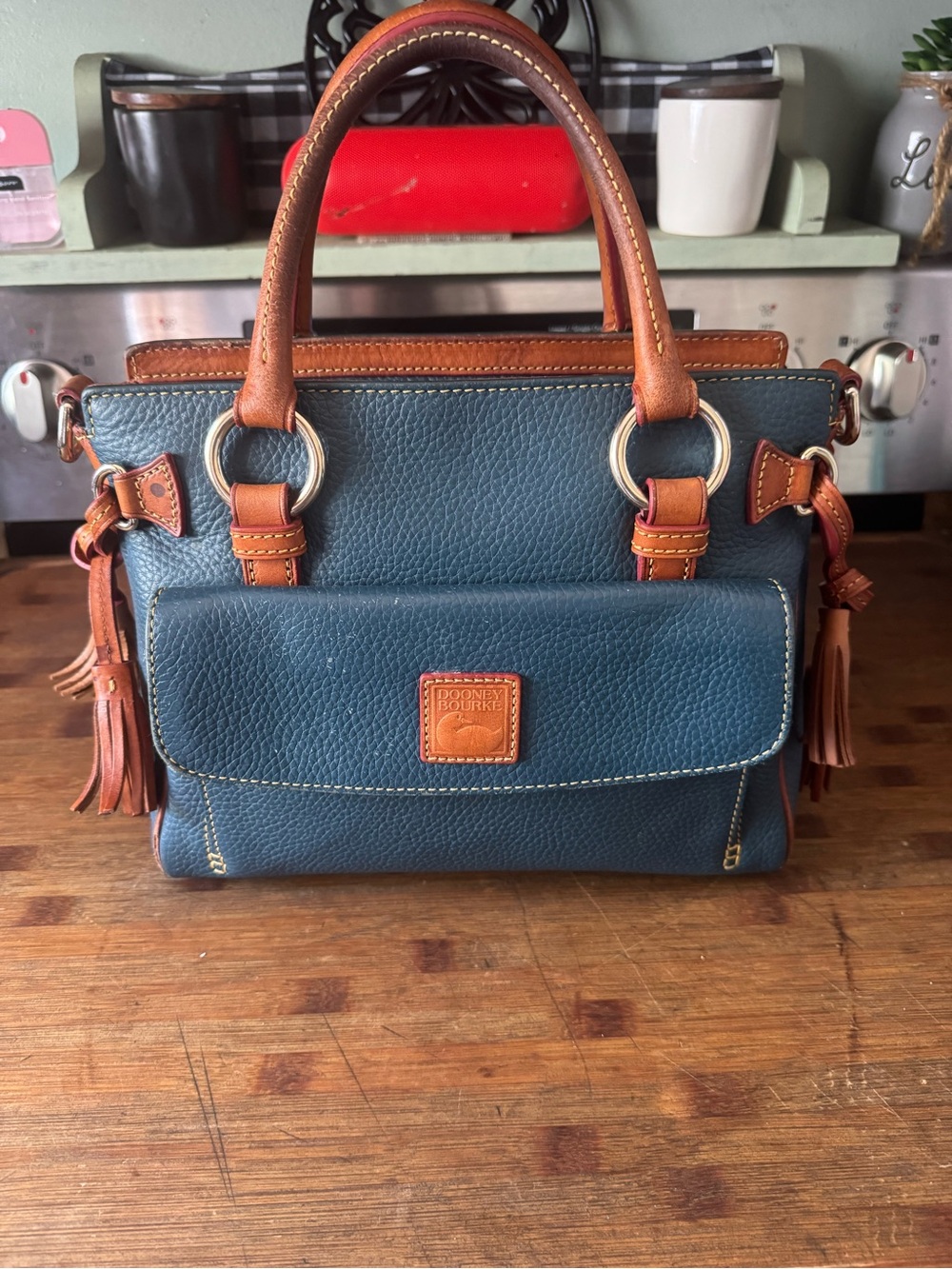 Dooney & Bourke Teal Pebble Leather Satchel with Brown Trim